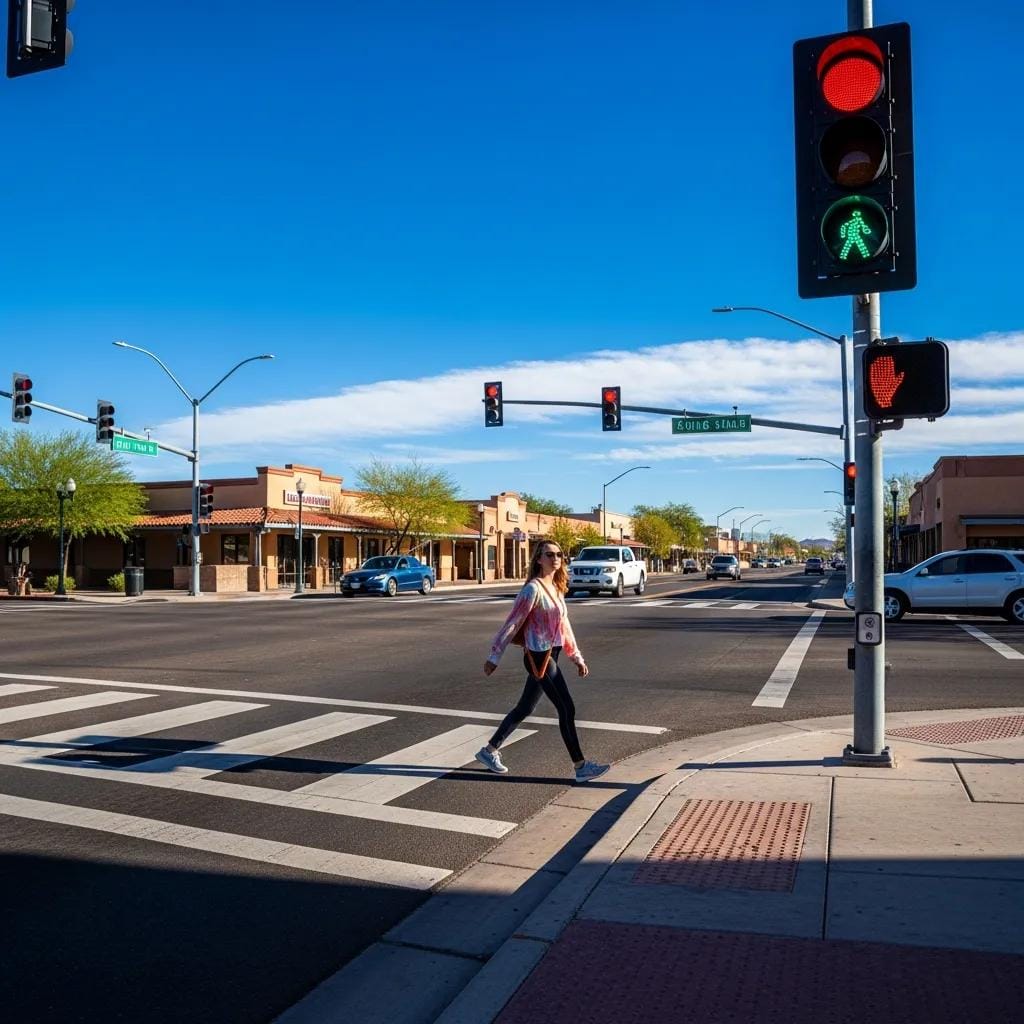 Arizona pedestrian crossing with traffic signals highlighting pedestrian safety