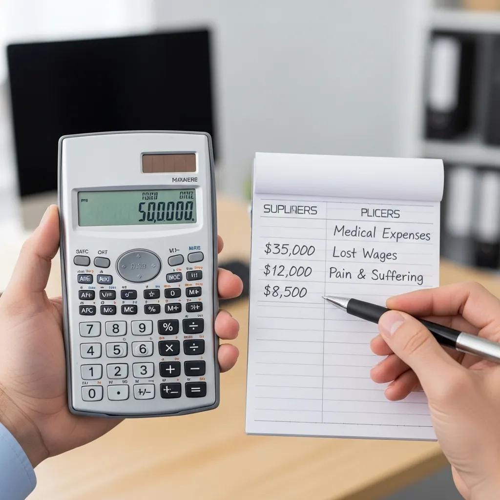 Close-up of a hand calculating compensation options with a calculator and notepad, representing financial considerations