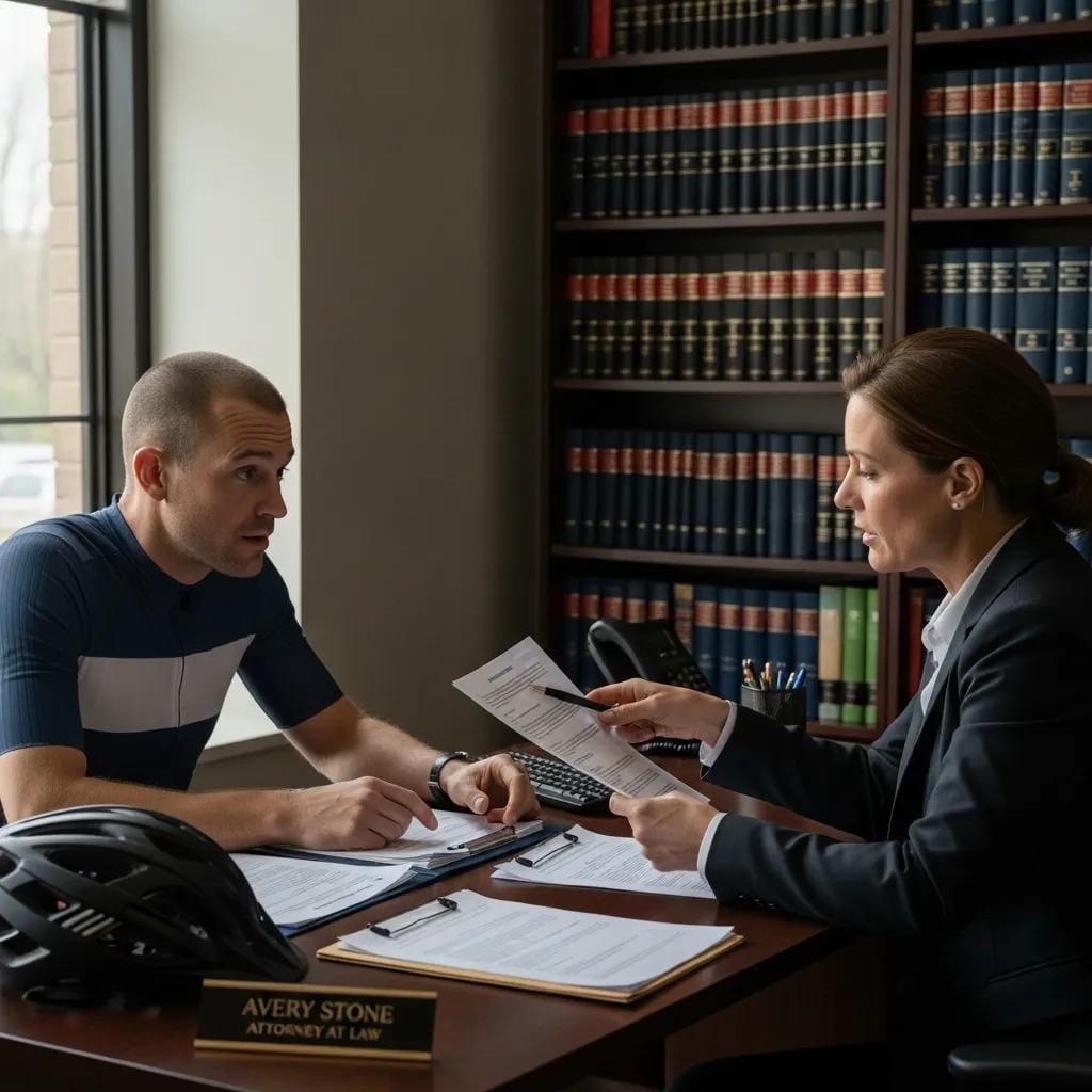 Cyclist consulting with a lawyer in an office, highlighting the importance of legal representation after an accident