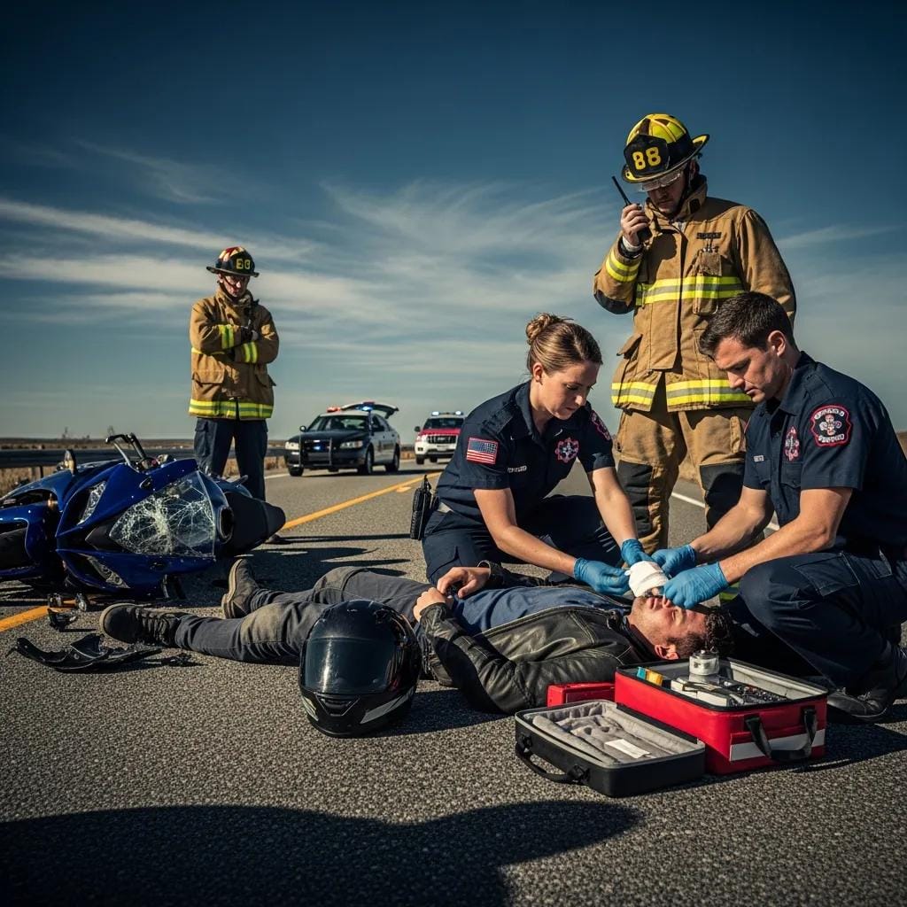 Emergency responders assisting an injured motorcycle rider at an accident scene