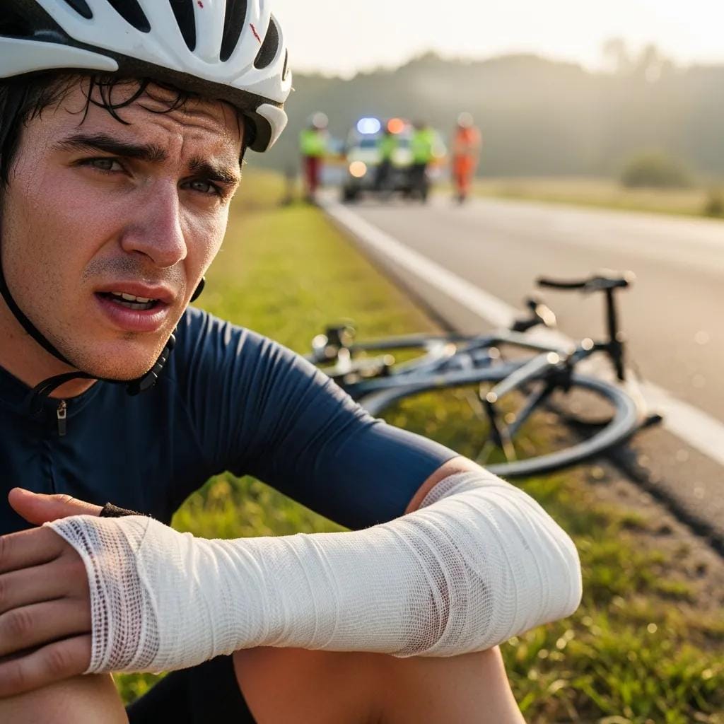 Injured cyclist with a bandaged arm sitting on the roadside, emphasizing the importance of medical attention