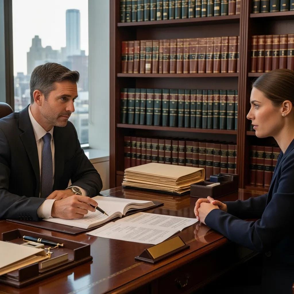 Lawyer explaining legal rights to a client in an office, emphasizing the importance of legal representation