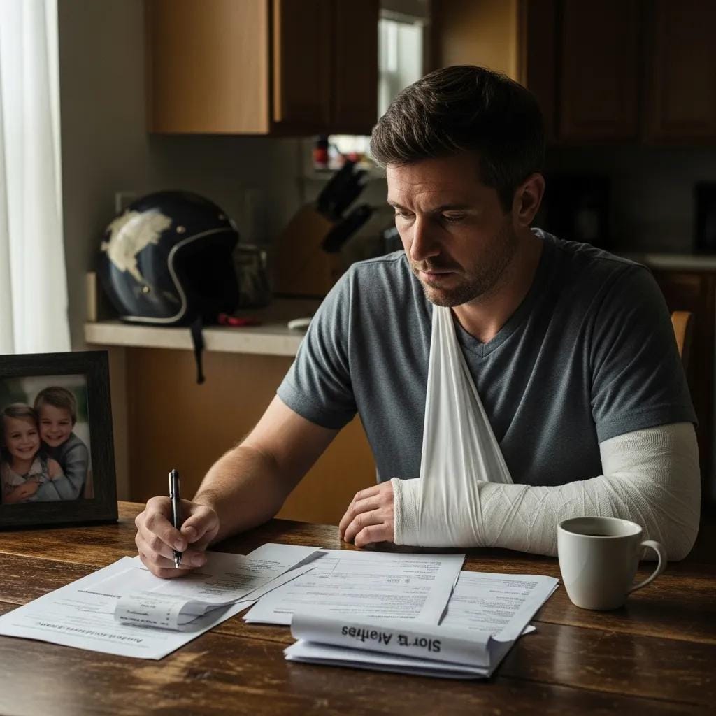 Motorcycle accident victim reviewing medical bills and lost wages at home